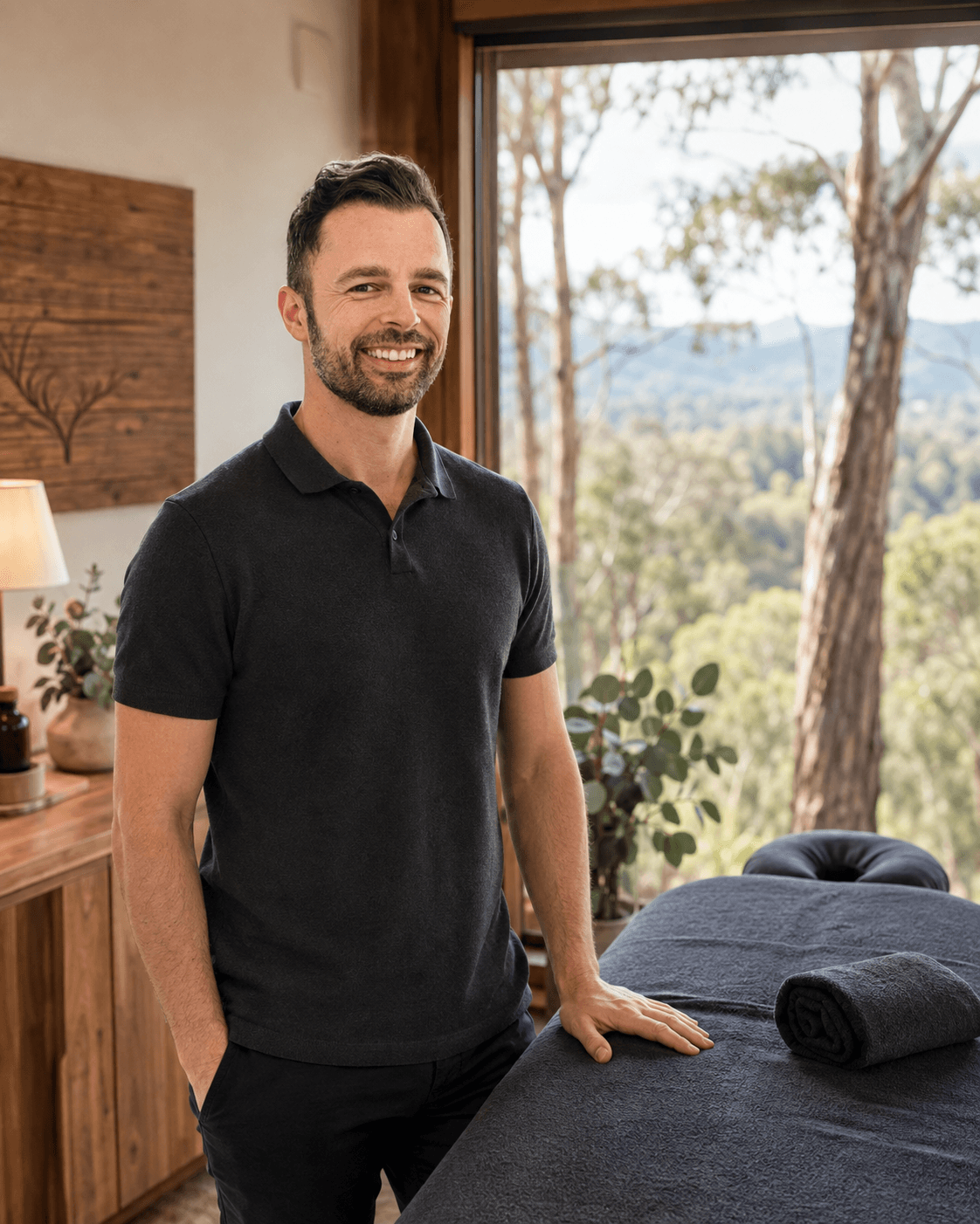 Edouard beside a prepared mobile massage table in a Blue Mountains home.