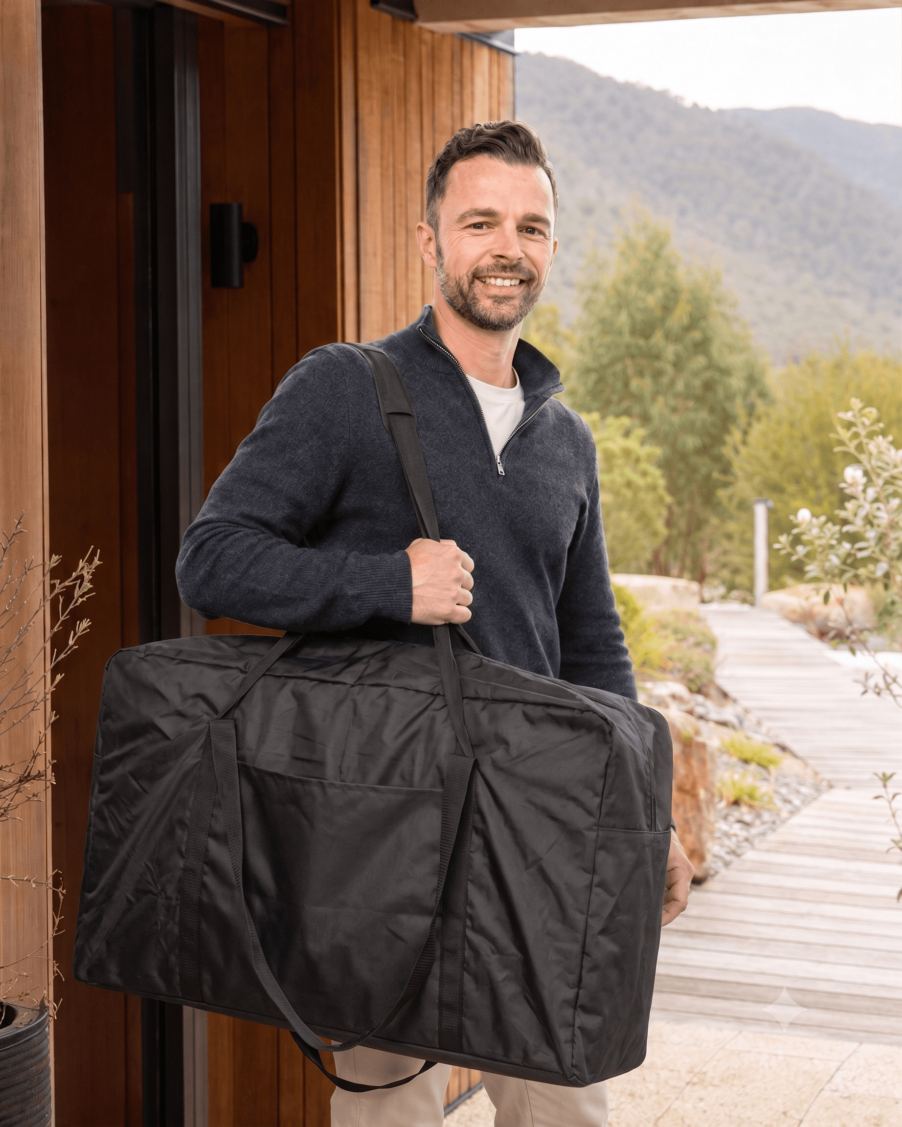 Edouard arriving with a portable massage table in its black carry case, bringing the setup to your home.