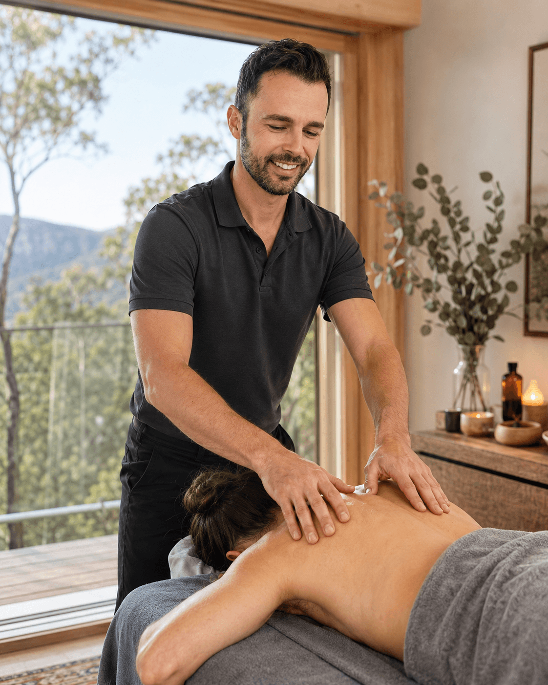 Edouard providing a relaxation massage in a calm home setting.