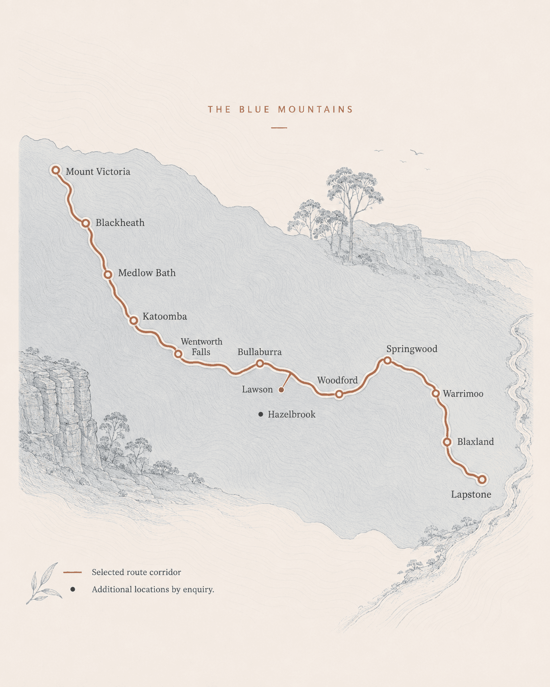 Editorial route illustration showing the Blue Mountains corridor from Mount Victoria to Lapstone.